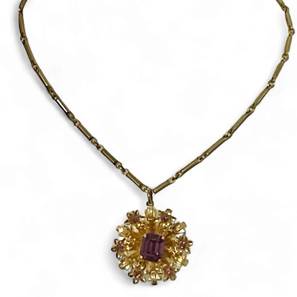 Vintage Coro Necklace Flower Purple Rhinestones Ornate Gold Signed
